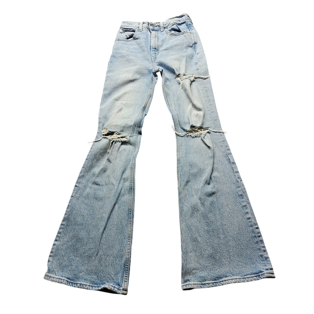 Levi's Premium 70s High Flare Jeans Womens 24 Light Wash Blue Distressed Denim